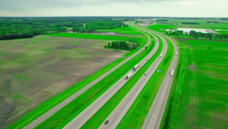 aerial view of highway through rural farmland