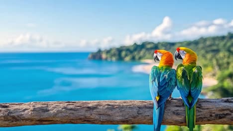 colorful macaws overlooking a tropical ocean