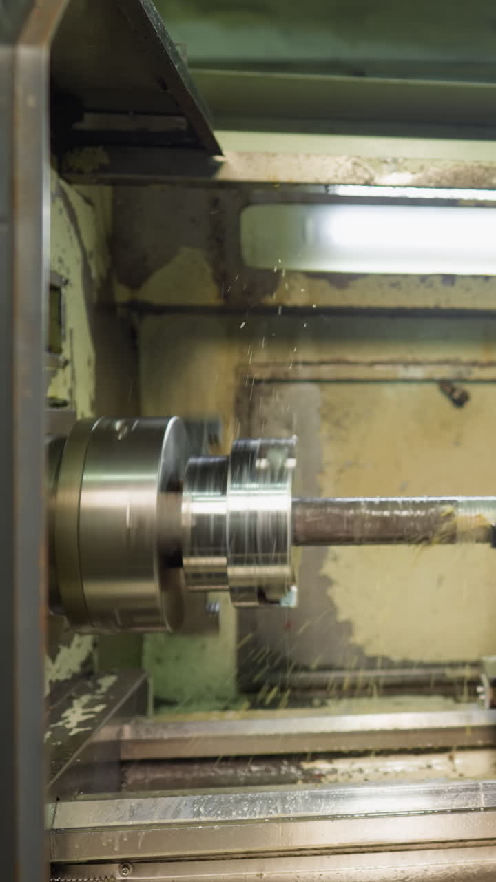 잘 조명 된 산업 시설에서 정밀하게 금속을 가공하는 자동 cnc 도자기