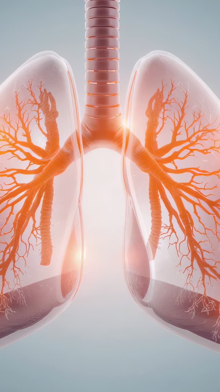 Video verticale: bagliore visibile, polmoni in 3D, vie aeree pulsanti di colore arancione su un gradiente delicato che mostra il flusso d'aria
