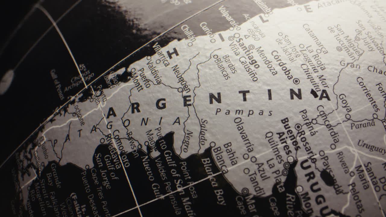 Close-up view of Argentina on a black and white globe