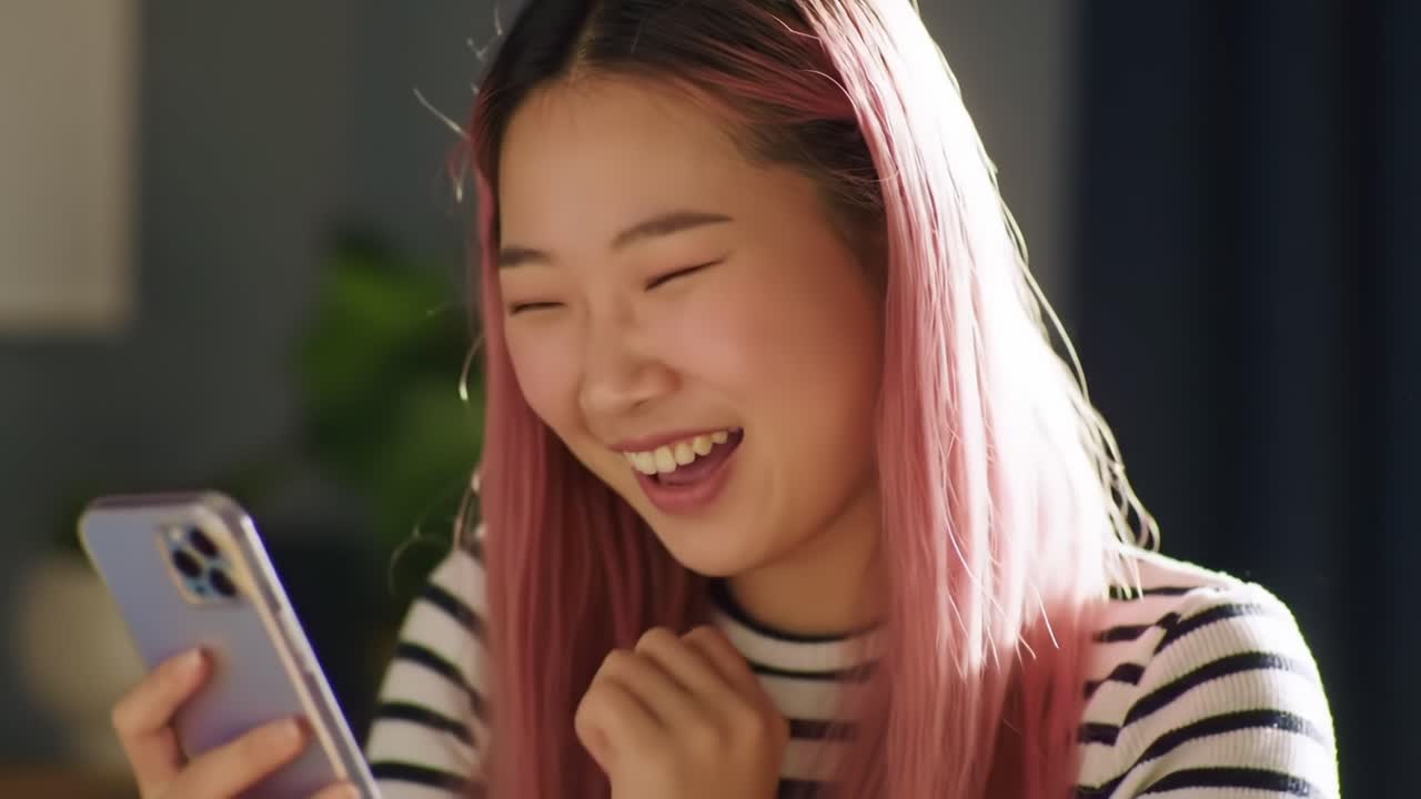 Young Woman Enjoys Smartphone Interaction in Cozy Indoor Space While Sitting Comfortably