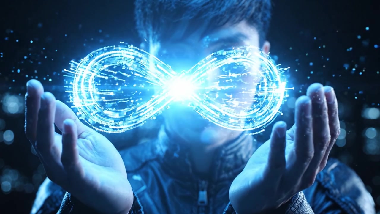 En Fremtidsvision af Uendelighed: En Ung Mand Manipulerer et Digitalt Uendelighedssymbol med en Fantastisk Urban Baggrund i et Fængslende Sci-Fi-Miljø