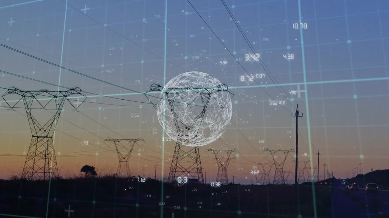 Animation of data processing and globe over pylons