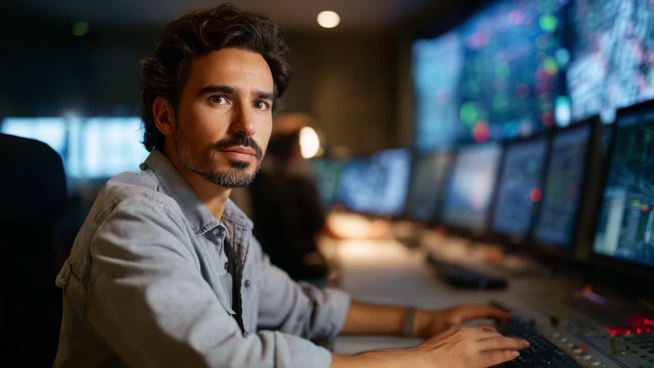 Focused Individual Analyzing Data on Control Panel Surrounded by Multiple Monitors in a High-Tech Environment, Showcasing Concentration and Expertise