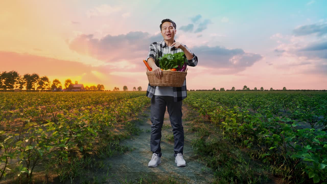 야채 바구니와 함께 아시아 남성 농부의 몸이 가득 차 있습니다. 에서 ooh 얼굴을 하고 있습니다.