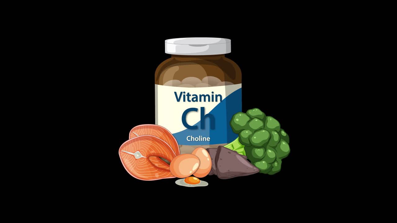 Vitamin choline supplement bottle animates with eggs, broccoli, mushrooms, and liver on black background