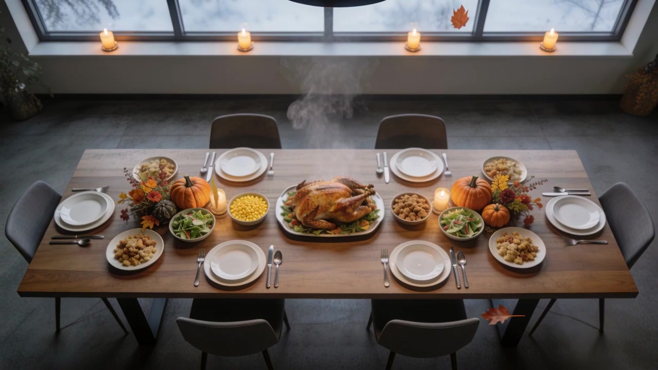 Steaming roast turkey releasing steam in dining room while mild breeze drifting leaves and candles