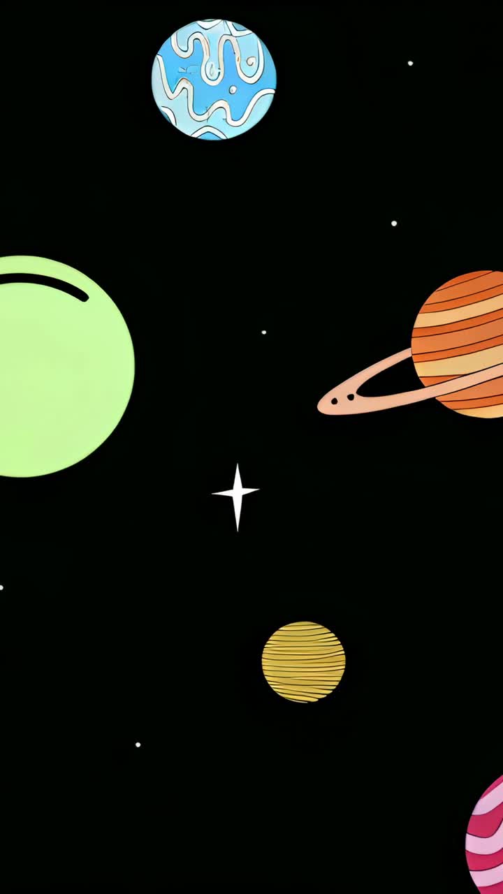 Vertical video: Upon backdrop appearing, ringed orange planet sweeping pink rings near pulsing star