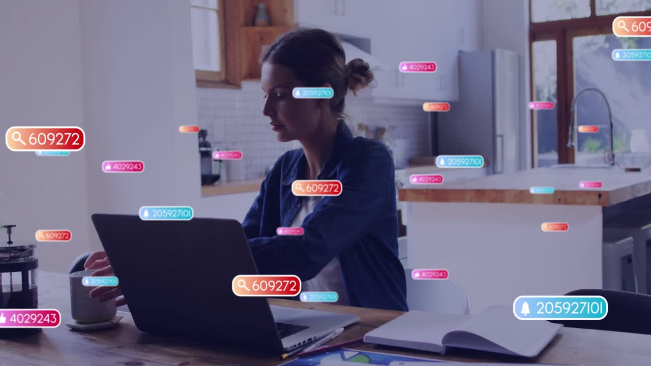 Working on laptop at home, woman surrounded by floating search animation icons