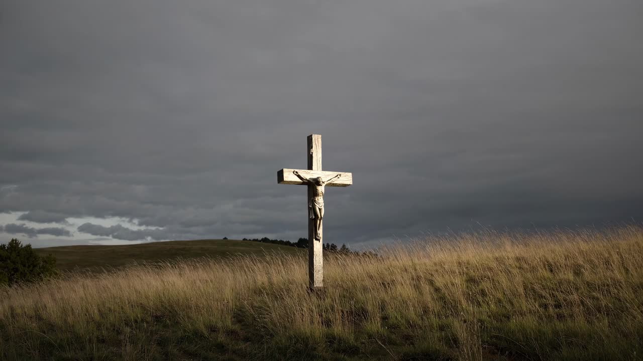A video still of a wooden cross on a grassy hill under a cloudy sky, captured from a low-angle