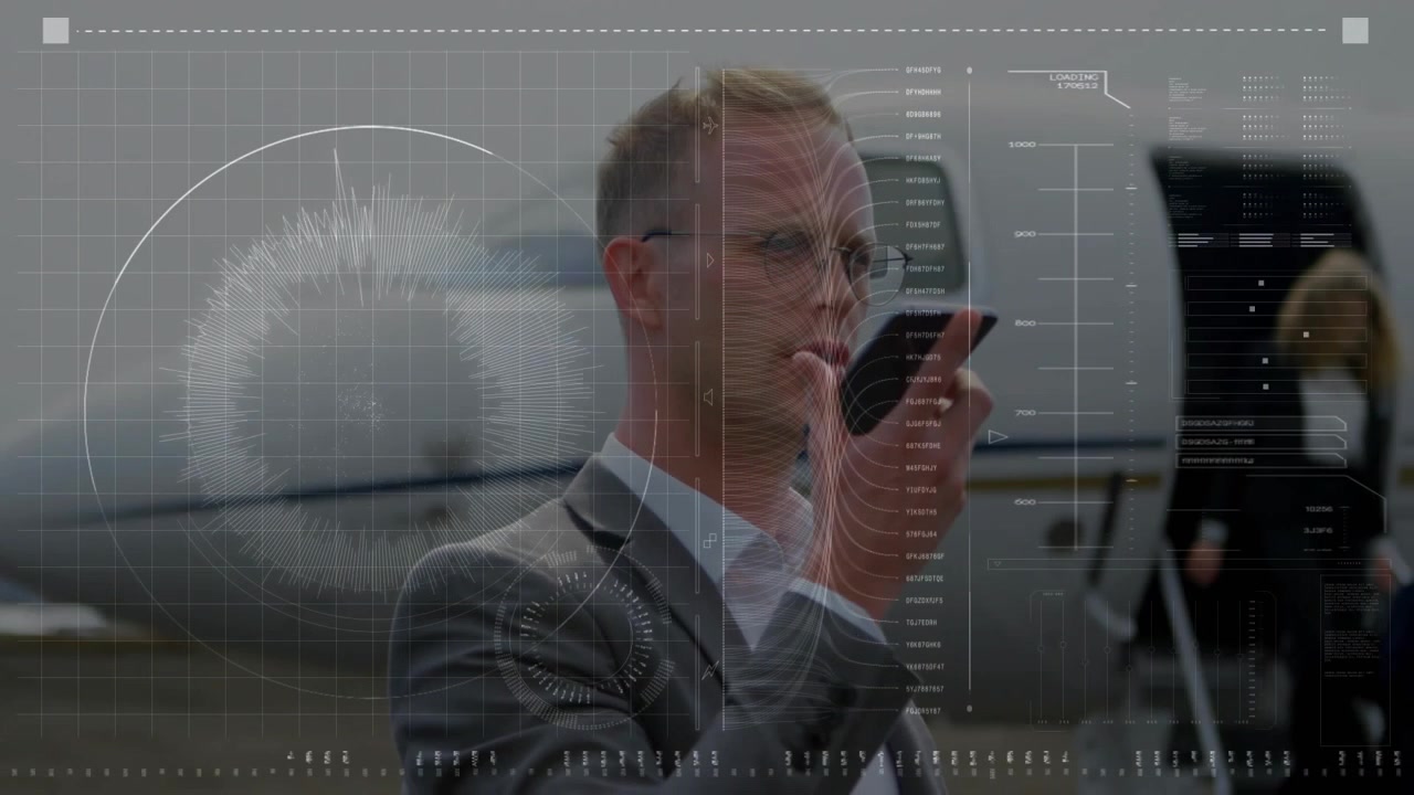 Mann i dress snakker i telefonen og håndterer forretningsreiser, med HUD-grafikk som overlapper mannen og jetflyet