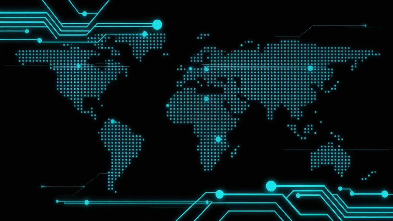 Digital World Map with Glowing Circuit Board Connections