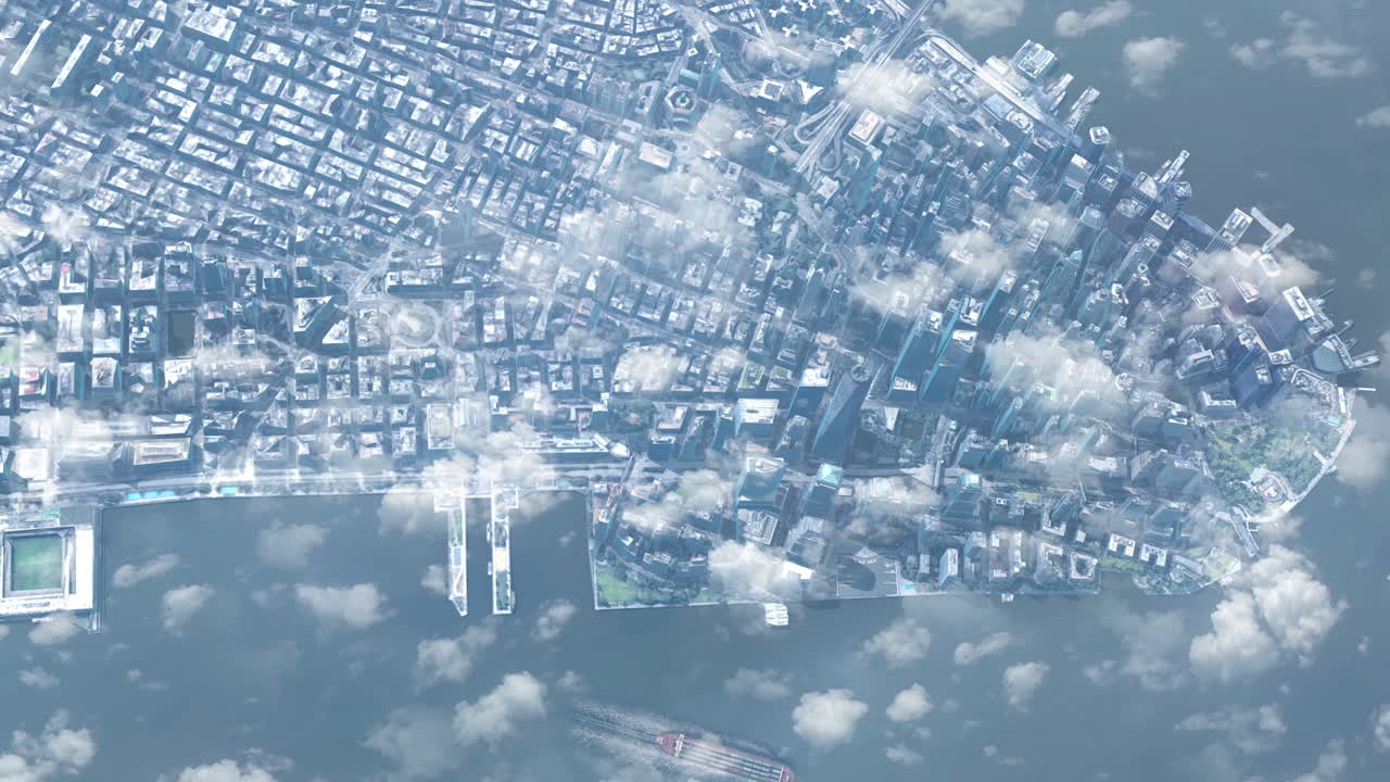 Aerial View of a Modern City with Clouds and Water