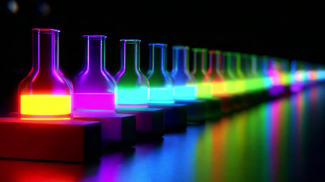 A Stunning Display of Colorful LED Illuminated Beakers on a Dark Surface, Showcasing a Mesmerizing Spectrum of Light as They Glimmer in a Linear Arrangement, Perfect for Science and Art Enthusiasts