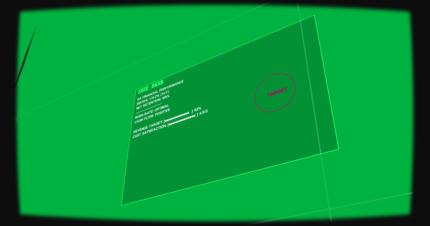HUD rotating, green border panel tilting centering showing EXEC DASH TARGET on transparent