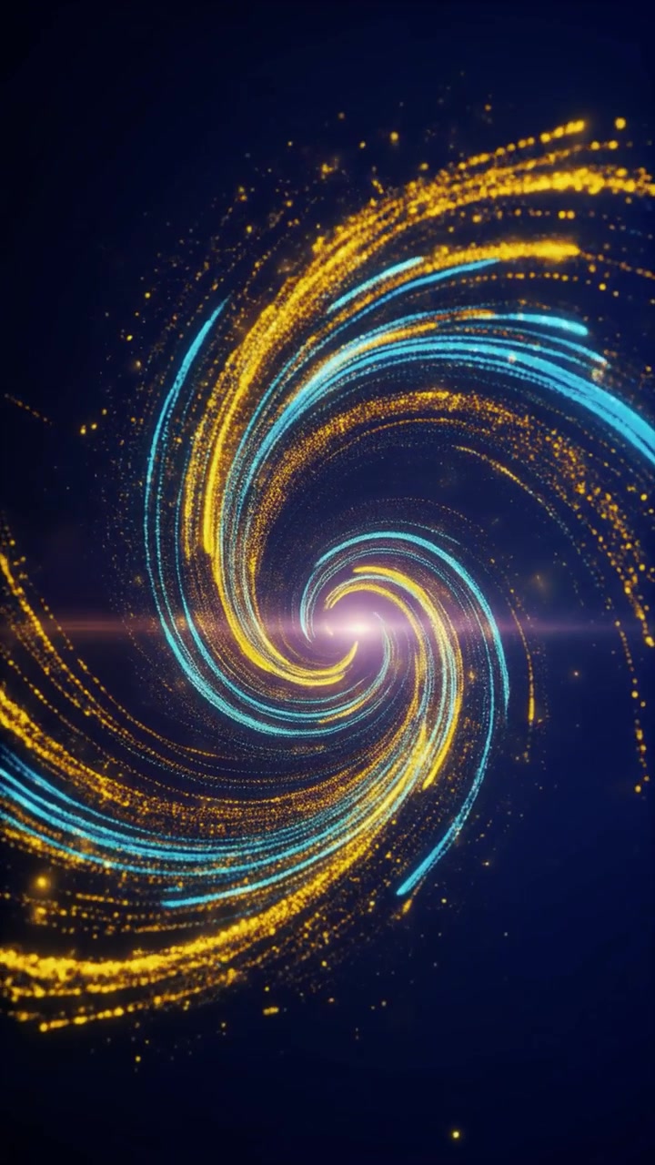 Abstract Spiral of Glowing Golden and Blue Particles