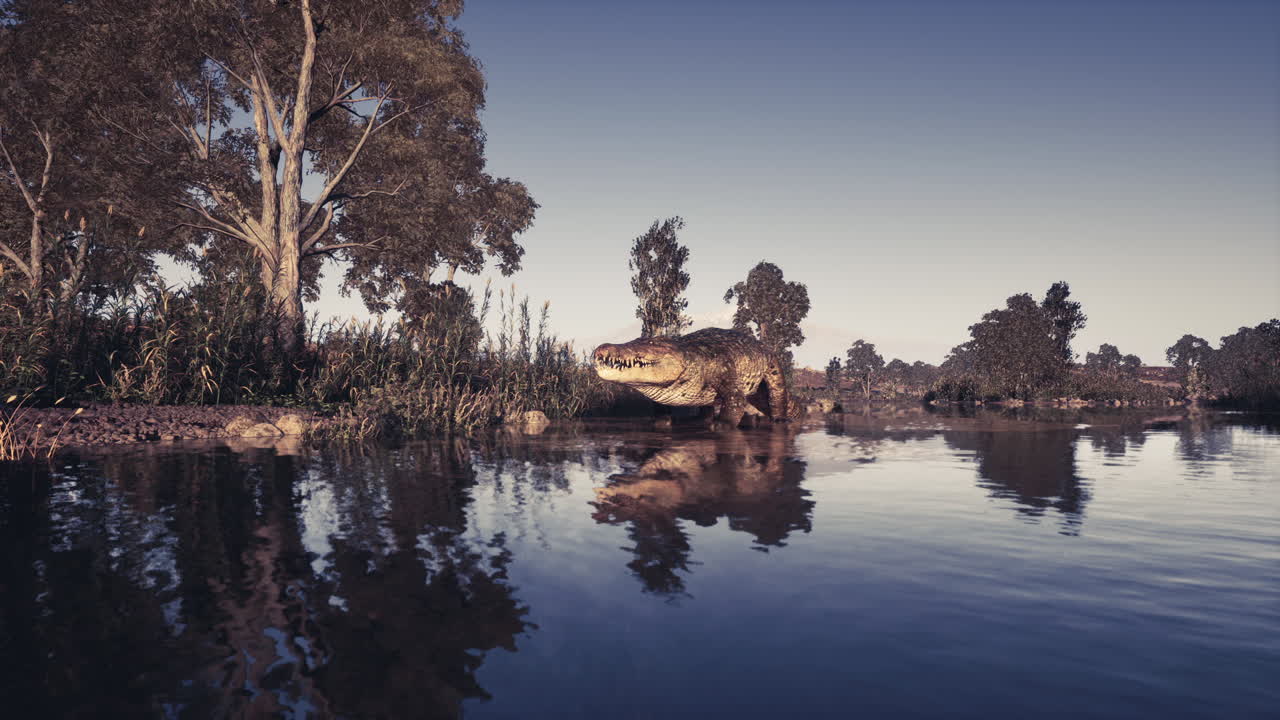 un cocodrilo gigante en un sereno paisaje pantanoso