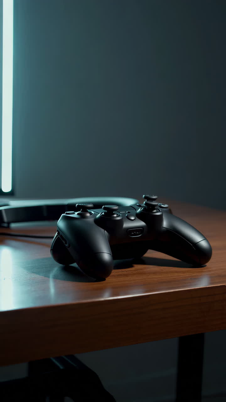 Black Gaming Controller on a Wooden Desk