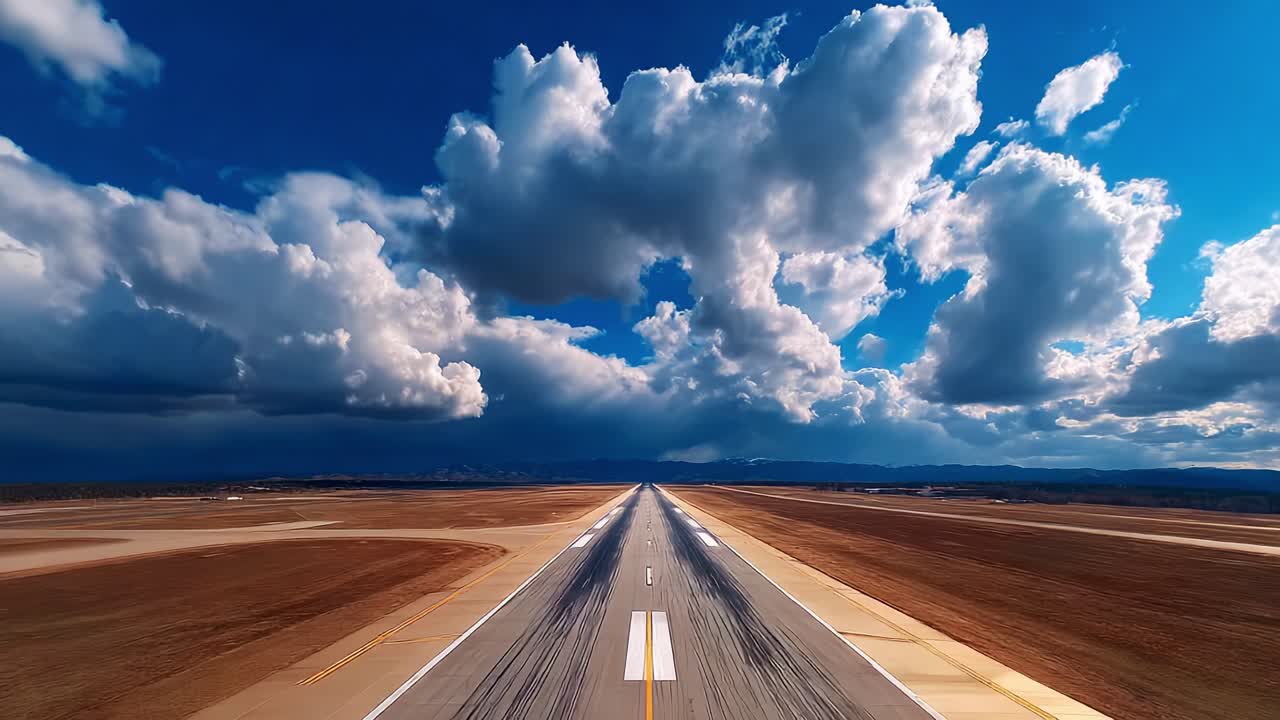 A Stunning Perspective of an Empty Airport Runway Under an Expansive Sky Filled with Fluffy Clouds, Showcasing the Beauty of Open Spaces and Nature's Marvels