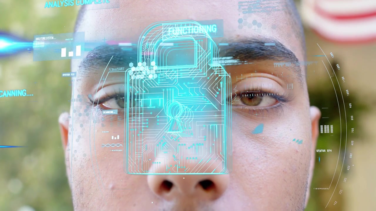 Hombre abriendo los ojos mientras el HUD inicia un escaneo, alineando un candado y activándose para biometría