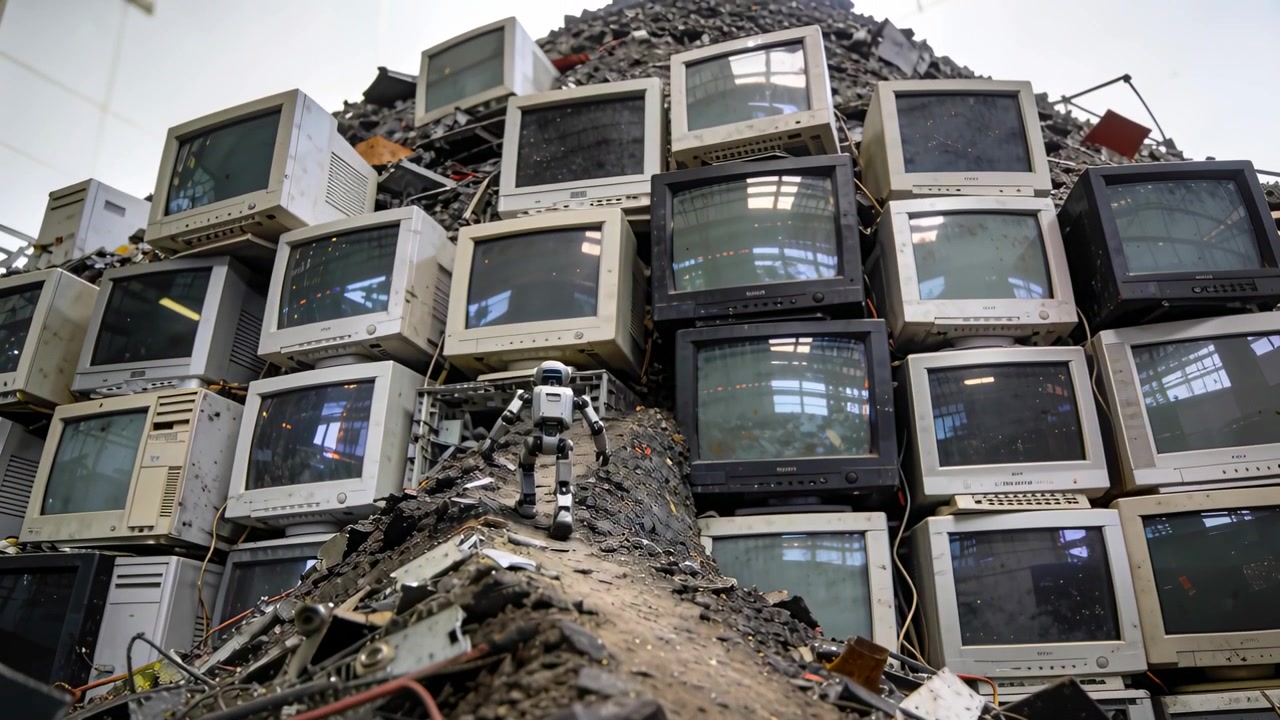 Starting step humanoid robot climbing narrow e-waste ridge in warehouse, inspecting stacked CRTs