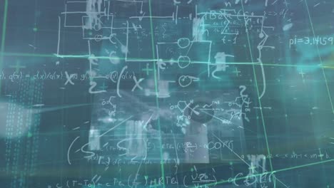 Animation-of-mathematical-equations-and-data-processing-over-blue-background