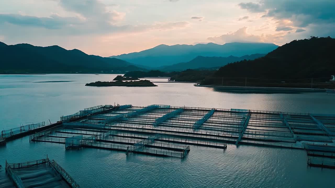 Aquaculture in a lake with mountains in the background