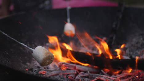 Low-angle-close-up-of-marshmallows-roasting-on-metal-sticks-over-campfire