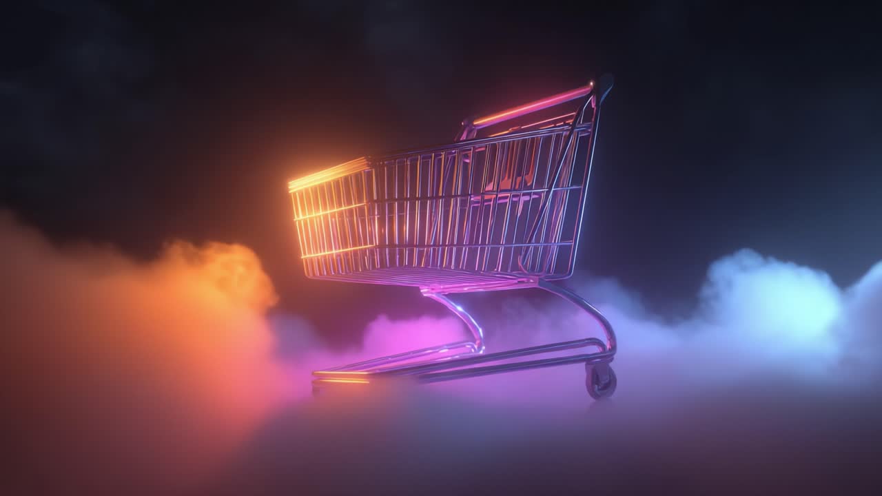 Futuristic empty shopping cart glowing with vibrant neon light moving through a misty, surreal cloudscape on a dark background, conceptualizing online shopping, retail, and e commerce