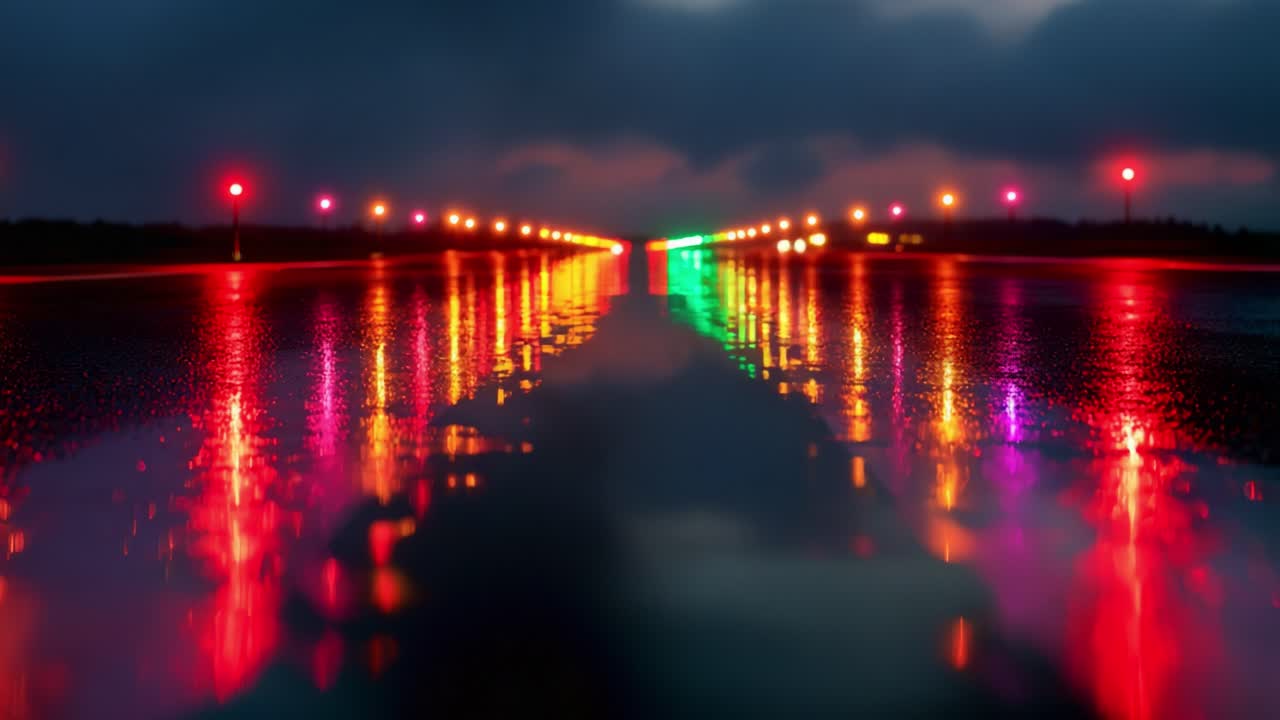 Vibrant Reflections of Colorful Lights on a Raining Runway: A Captivating View of Illuminated Markings and Gleaming Surfaces at Dusk
