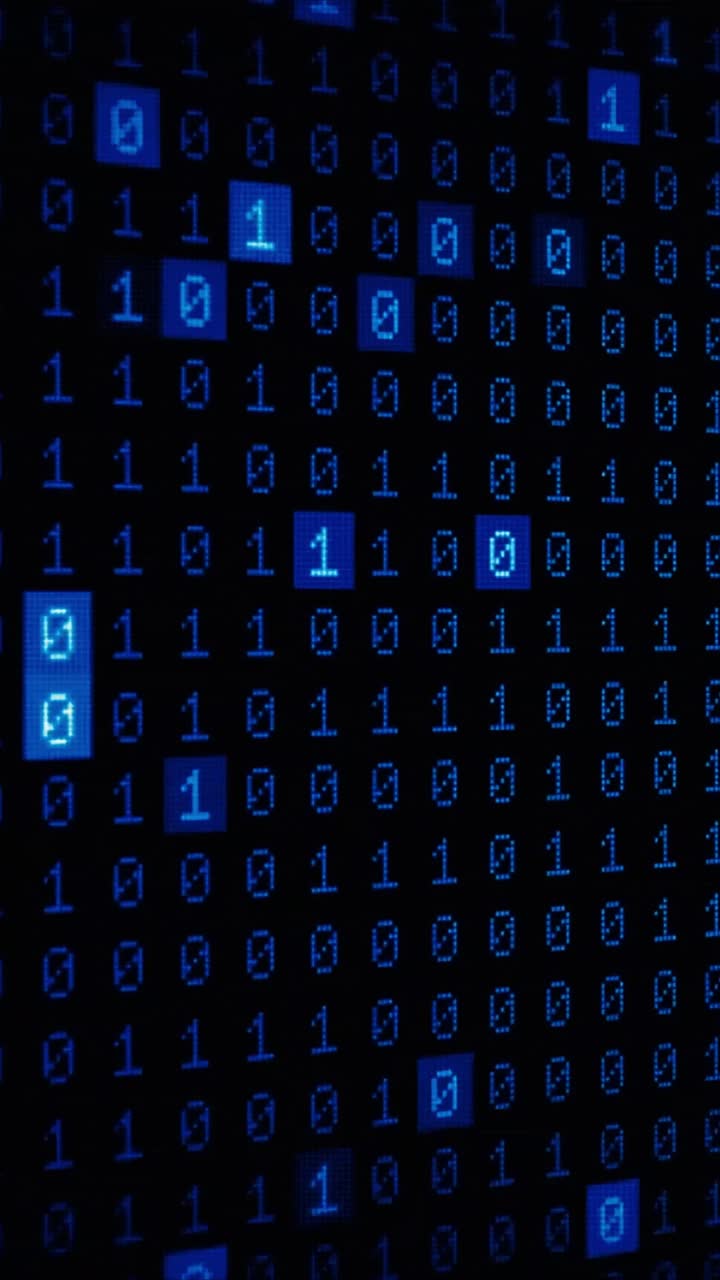 Blue Binary Code Flashing on a Dark Digital Screen