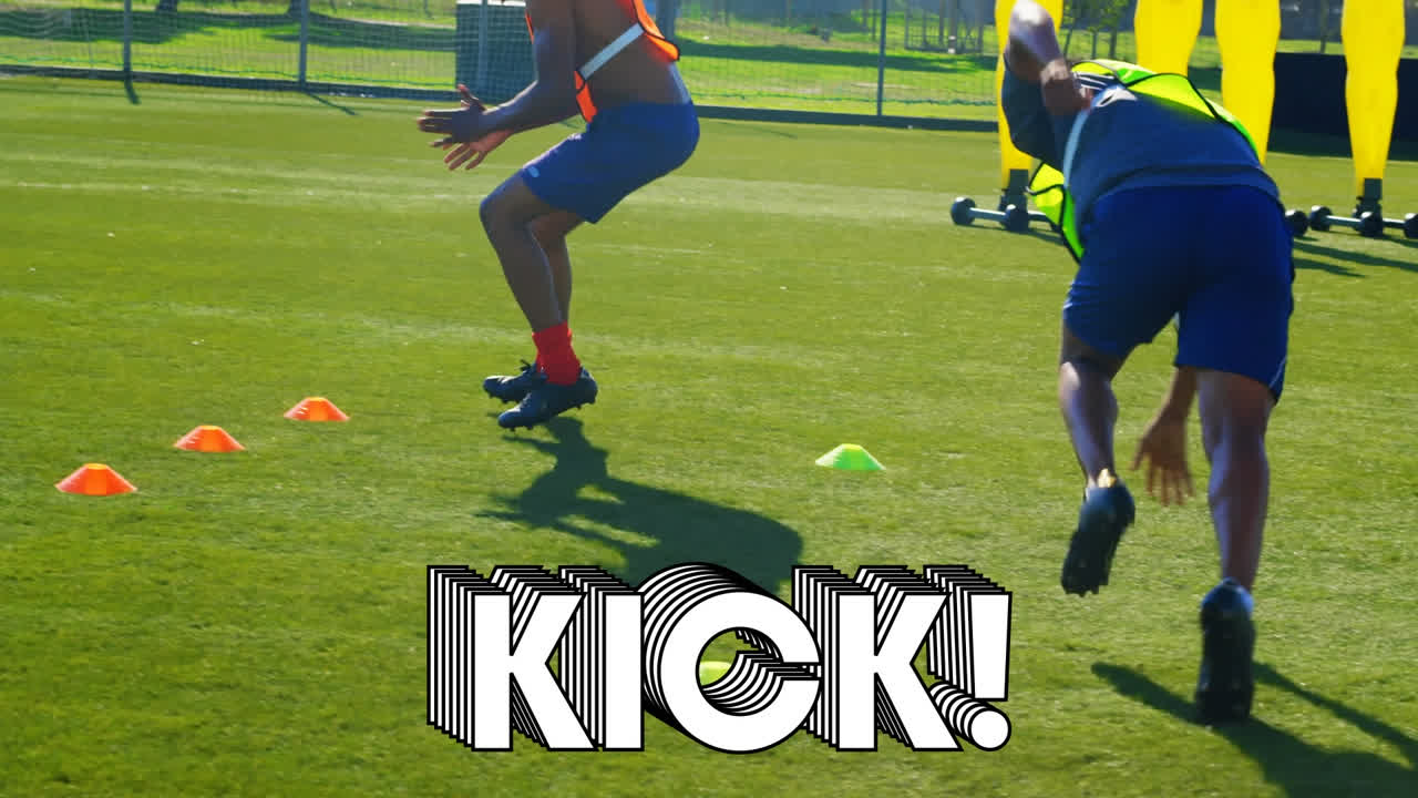 Animation of kick text over football players on the pitch