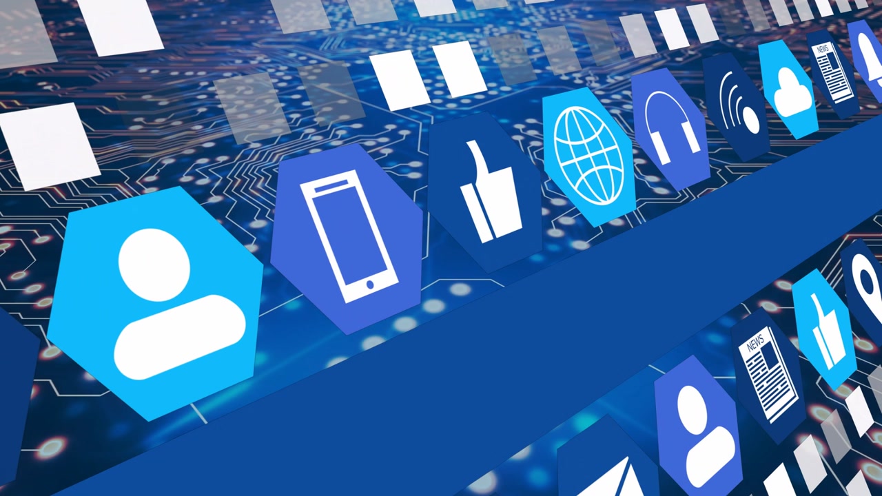 Blue hexagon icon band moving diagonal with new tiles arriving at right edge, showing data flow