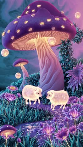 whimsical fantasy scene with glowing sheep and giant mushrooms, captured from a low angle