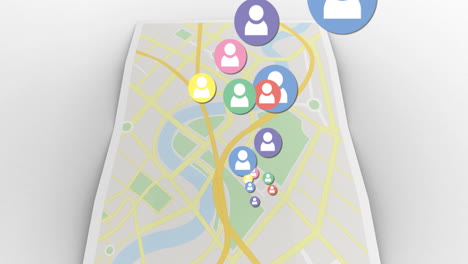 animación de múltiples iconos coloridos de personas de redes sociales digitales sobre el mapa