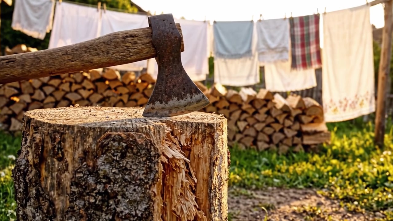Eine Axt steht stolz auf einem gehackten Holzscheit in einer ruhigen Außenumgebung, mit frisch gewaschener Kleidung, die im Hintergrund unter dem sanften Schein des Abendlichts hängt.