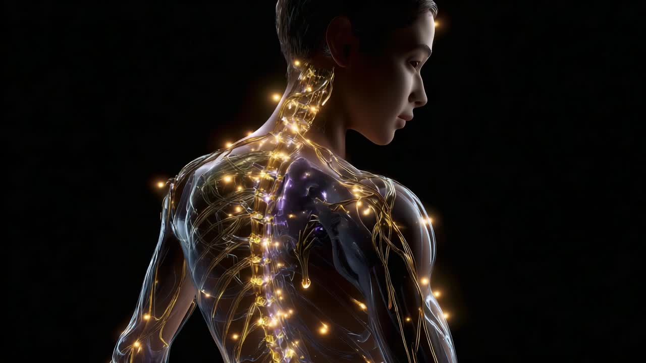 A stunning visualization of the human anatomy showcasing the intricate neural pathways and anatomical structures illuminated by vibrant lights, highlighting the connection between the mind and body in a mesmerizing manner