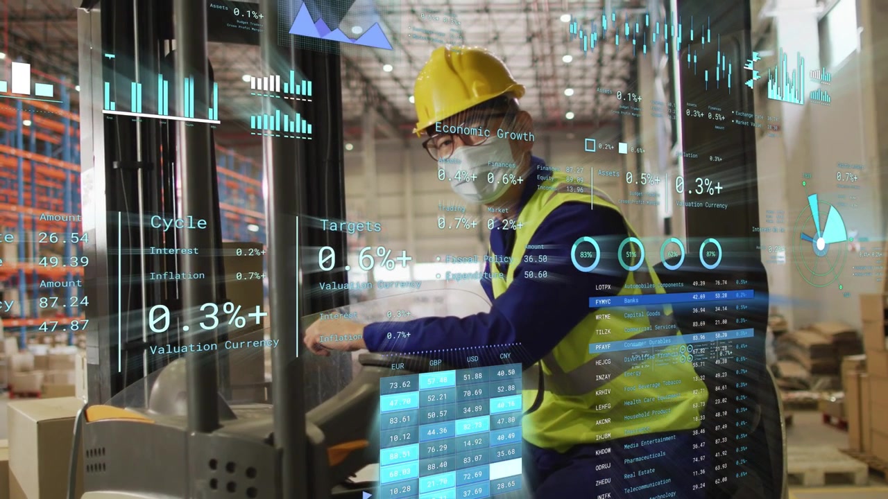 Operator gripping truck controls and turning to camera in warehouse, AR overlay aiding monitoring