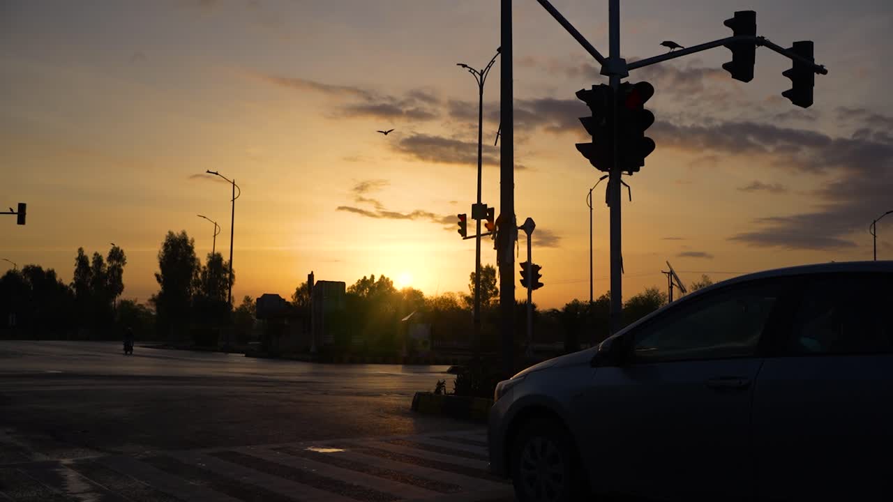 stunning yellowish sunrise at a traffic signal while birds are flying in sky