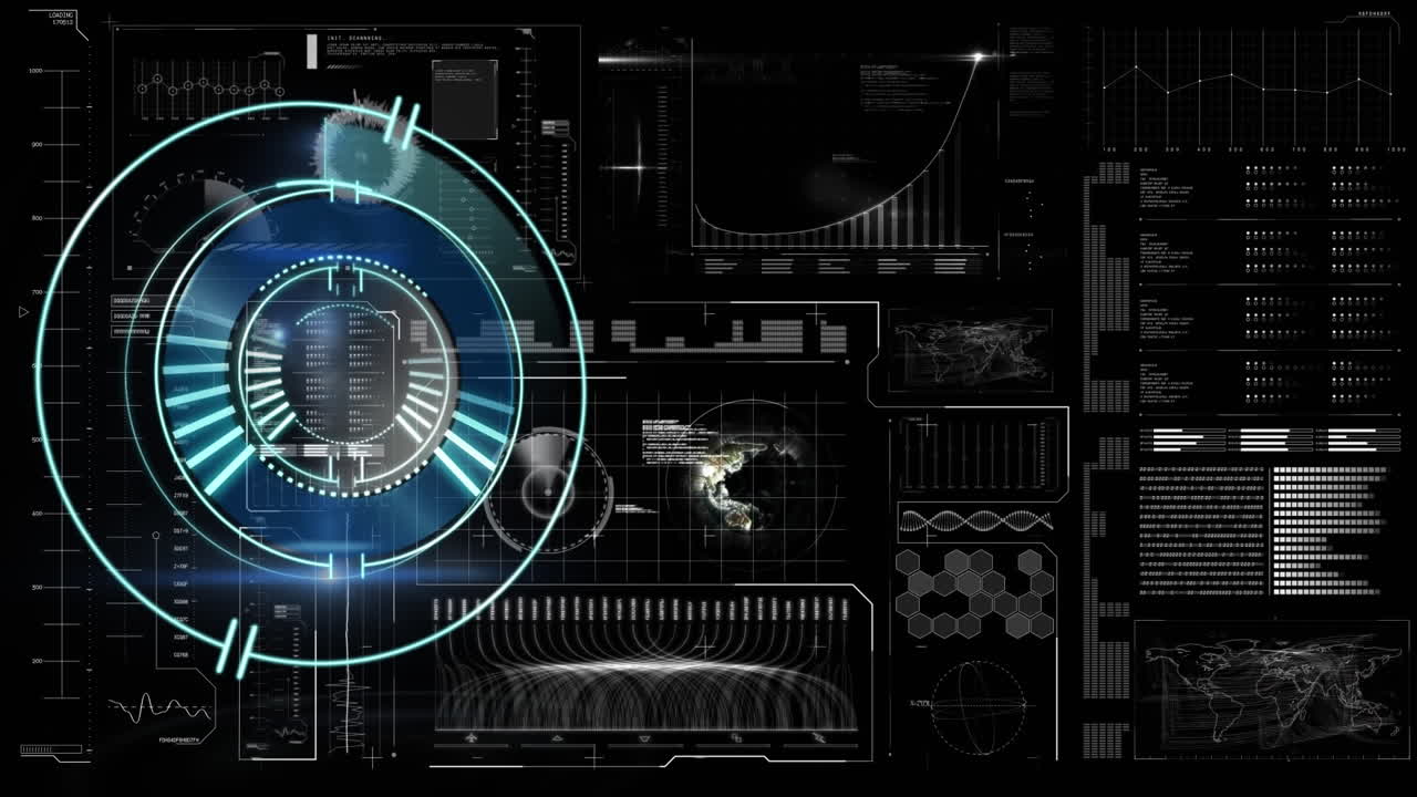 Animazione di orologio ed elaborazione di statistiche su sfondo scuro
