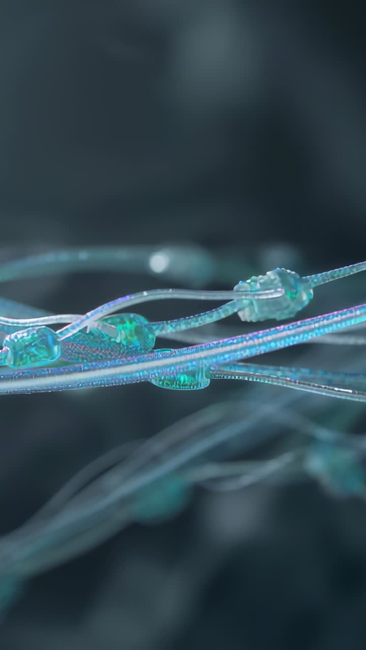 Vertical video: Shifting sheer filaments moving in closeup after focus change, revealing teal nodes