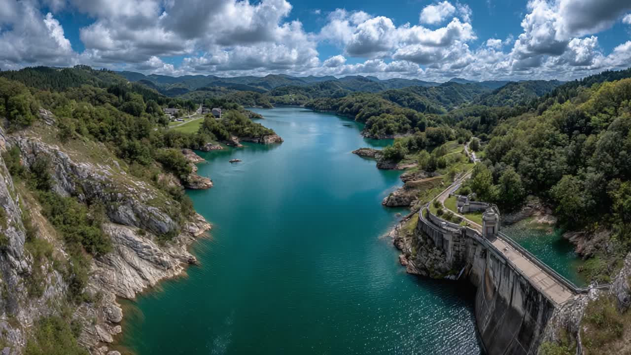 Aerial View of a Tranquil Reservoir Surrounded by Lush Green Hills and Dramatic Clouds, Capturing the Beauty of Nature and Modern Engineering with Stunning Clarity