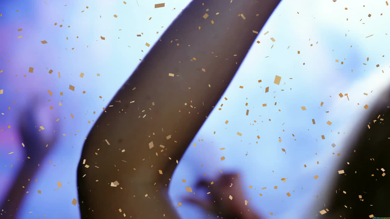 Dancing under falling confetti, people in animation against vibrant blue background