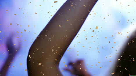 dancing under falling confetti, people in animation against vibrant blue background