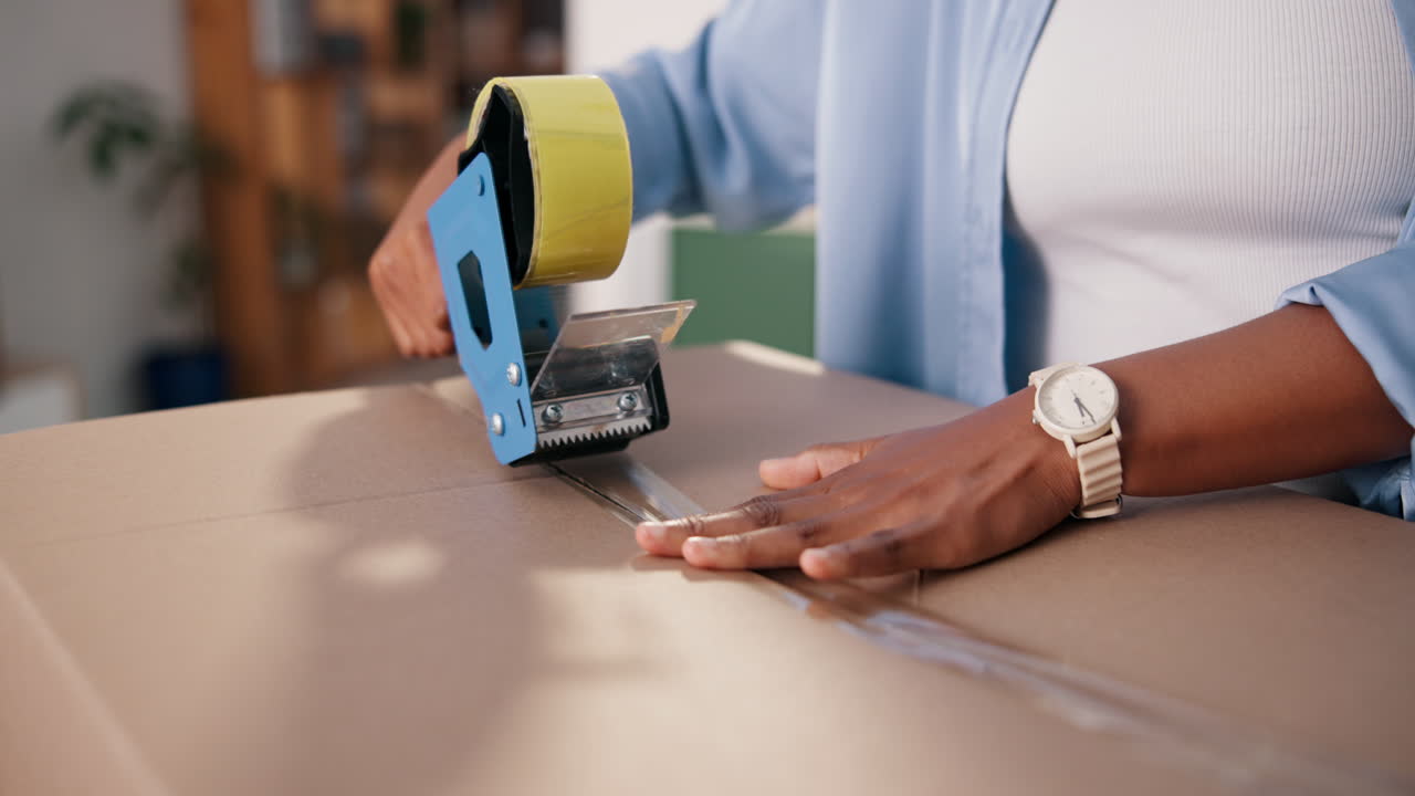 Packing a cardboard box with tape dispenser