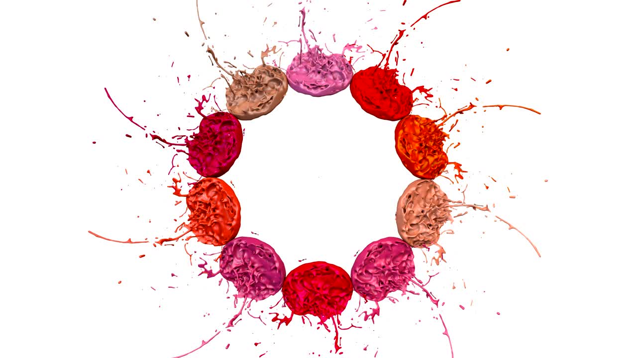 las pinturas 3d bailan en 4k sobre un fondo blanco. simulación de salpicaduras de tinta en un altavoz musical que reproduce música. hermosas salpicadas como un fondo brillante en ultra alta calidad. sombras de versión de rojo 8