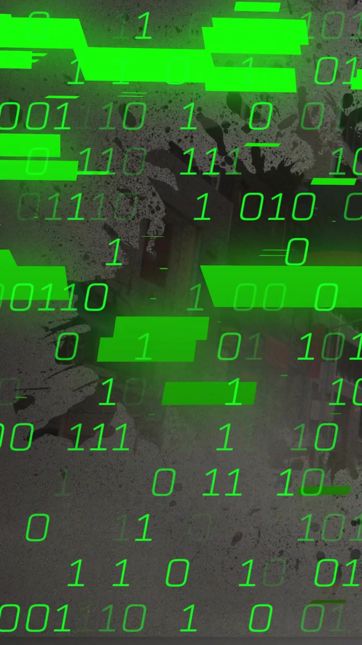 Vertical video: Data ping sparking green binary code and bars flooding over grime stain for tech ad