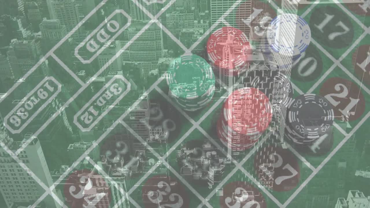 도시 풍경 위에서 카지노  ⁇ 을 플레이하는 애니메이션