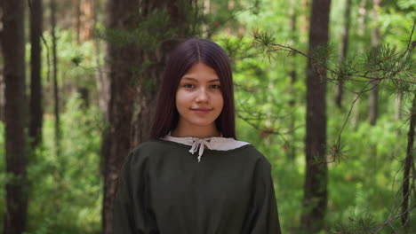 teen girl with purple hair in clothes of middle age period